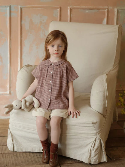 Kids Girl Summer Shirt 2026 Korean Inspired Plaid Peter Pan Collar Short Sleeve Blouse Cute Casual Top for Baby Toddler