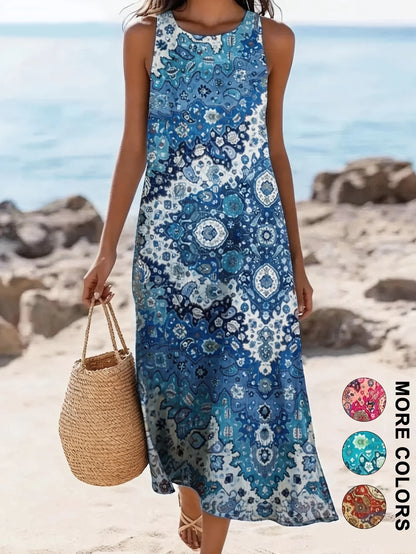 2026 Women's Sleeveless Bohemian Floral Casual Beach MIDI Sundress With Pockets Flowing and Loose Sweetheart Rustic Country
