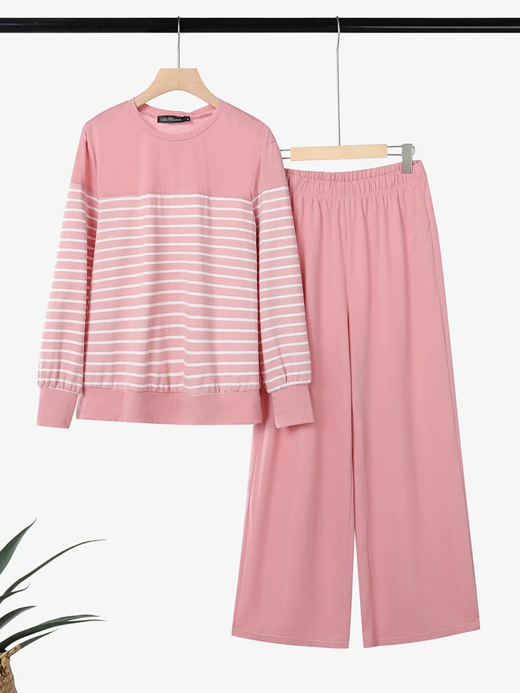 2026 ZANZEA Fashion Spring Tracksuit Women Striped 2 Piece Sets Casual Long Sleeve Tops Pant Sets Muslim Outfits Matching Sets