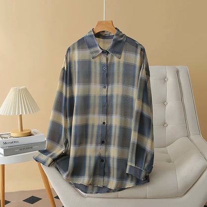 Sheer Chiffon Plaid Shirt for Women Ovesized Collared Button-down Blouse Summer Laides Slouchy Casual Outfit