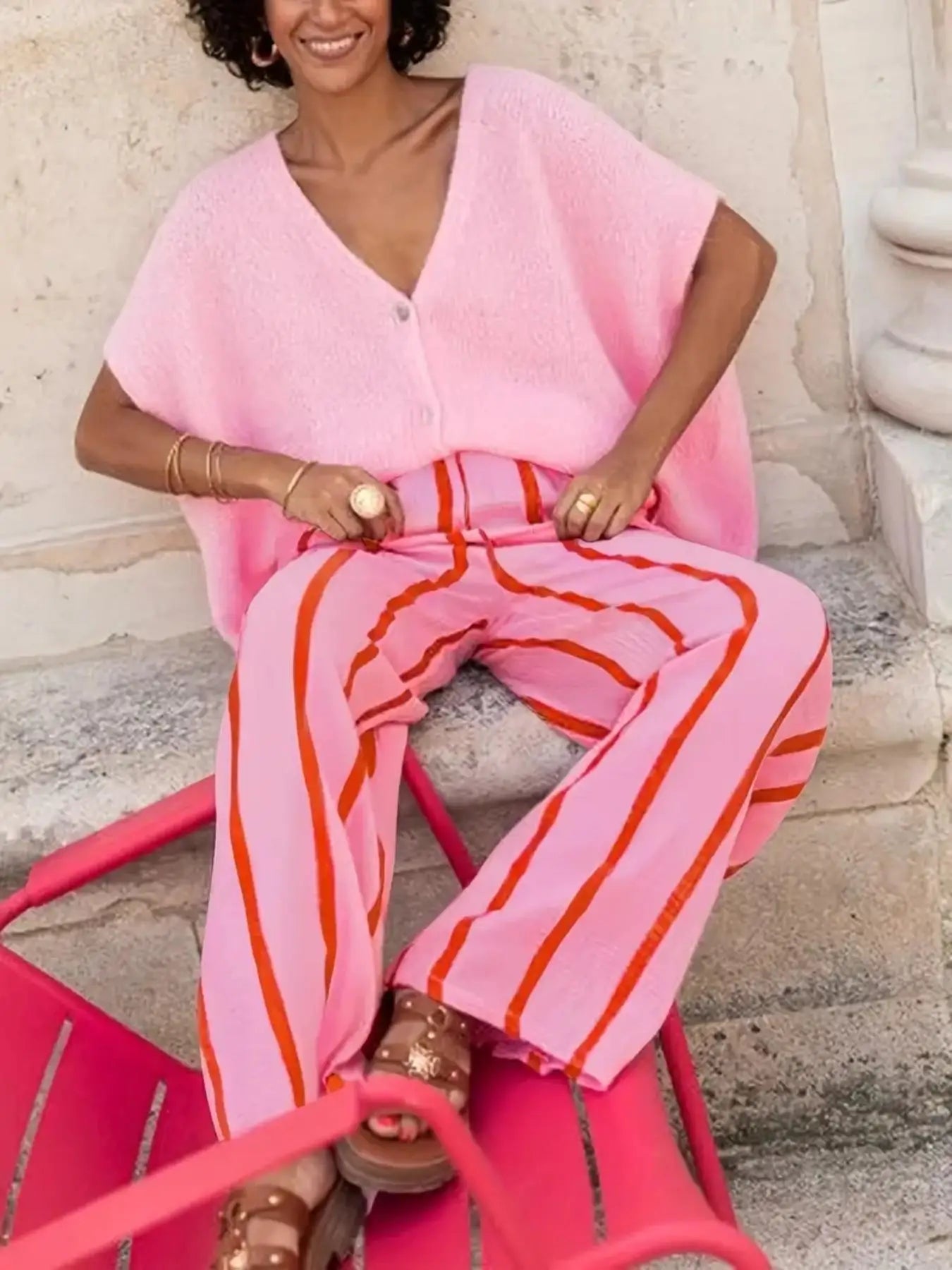 Women's Vertical Stripe Wide-leg Pants, Elastic Waist Pleated Casual Trousers, Resort Style Loose Slimming Floor-length