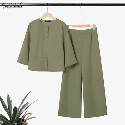 ZANZEA Fashion Women Pant Sets Spring 2 Pieces Sets Outfits 3/4 Sleeve Shirt Wide Leg Trousers Elegant Solid OL Work Tracksuit