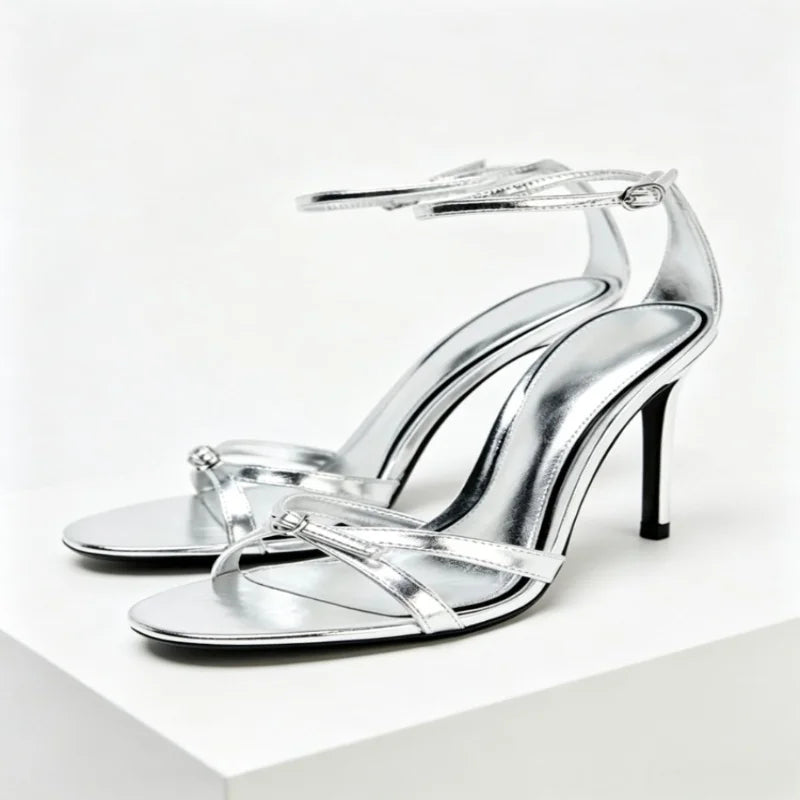 Elegant Patent Leather Silver Heeled Sandals Women Sexy Open Toe Ankle Strap Buckle Thin High Heels Party Wedding Designer Shoes