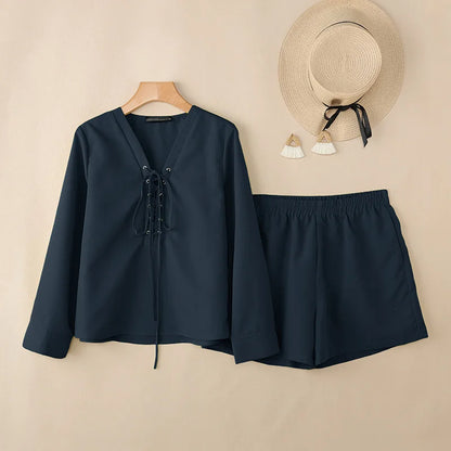 ZANZEA Fashion Women Outfits Holiday 2 Pieces Sets Casual V Neck Long Sleeve Lace-Up Tops Short Sets Solid Color Loose Tracksuit