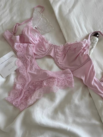 Lace Bra Set Women Thin Transparent Mesh With Steel Ring Bras+Low Waist Panties Female Pink Sweet Bra Sets Underwear 2026 New