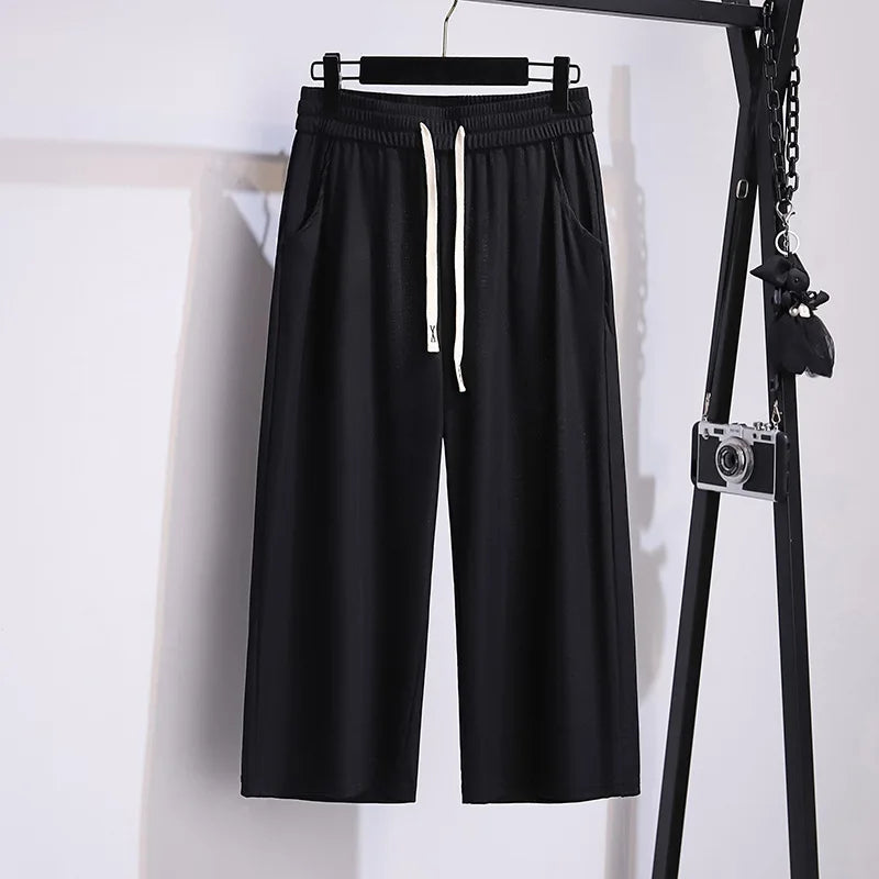155Kg Plus Size Women's Summer Loose Straight High-Waisted Ice Silk Cropped Pants Hip 150 5XL 6XL 7XL 8XL 9XL 4Colors