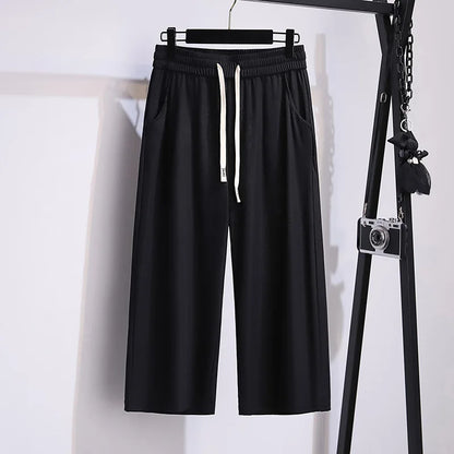 155Kg Plus Size Women's Summer Loose Straight High-Waisted Ice Silk Cropped Pants Hip 150 5XL 6XL 7XL 8XL 9XL 4Colors
