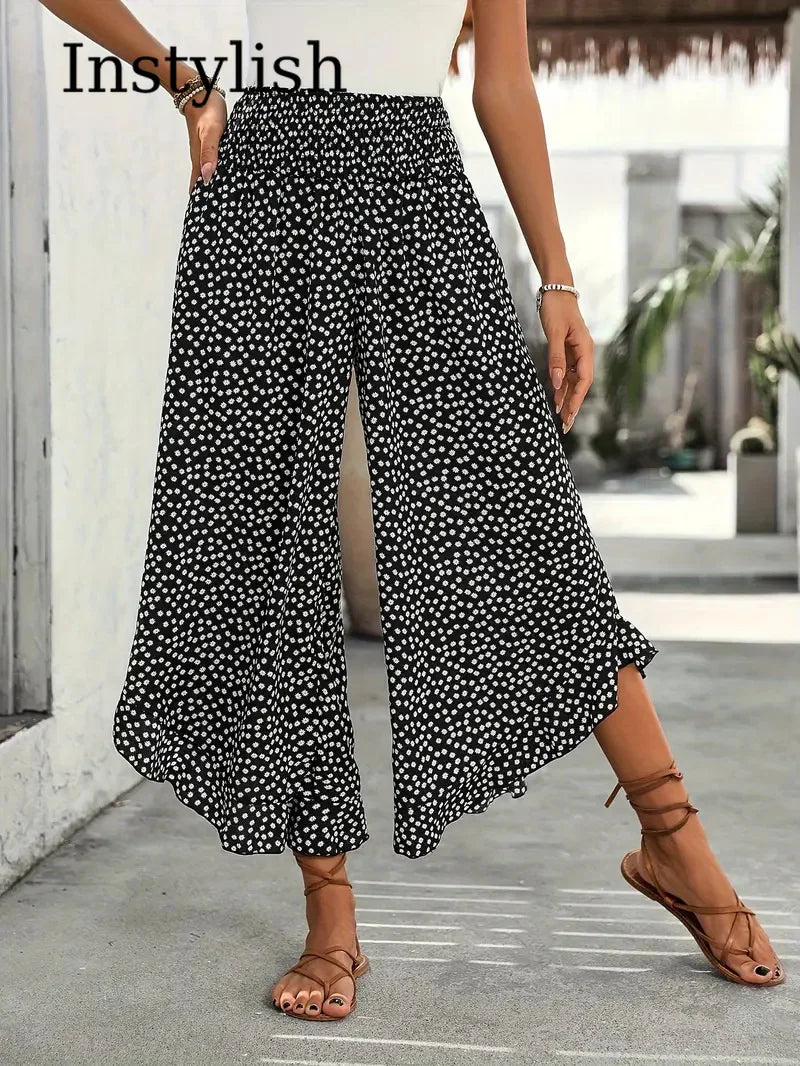 Women's Floral Wide Leg Nine-Point Pants Stretch High Waist Ruffled Slit Hem Casual Summer Beach Flowing Lightweight Pants