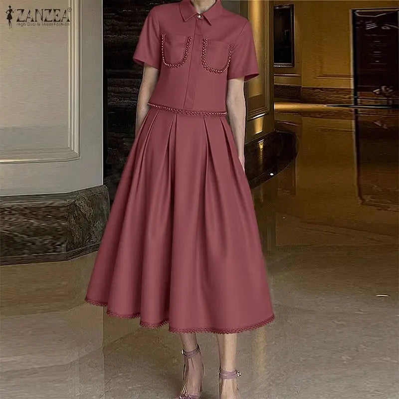 ZANZEA Women's Elegant Lace Trim Skirt Suits Casual Short Sleeve Cropped Shirt & Pleated A-Line Skirts 2 Pieces Sets Outfits 3XL
