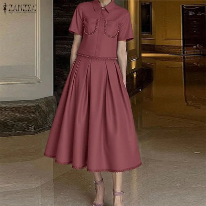 ZANZEA Women's Elegant Lace Trim Skirt Suits Casual Short Sleeve Cropped Shirt & Pleated A-Line Skirts 2 Pieces Sets Outfits 3XL