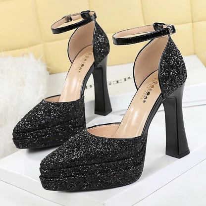BIGTREE Shoes Sequin Women Pumps Double Layer Platform Heels Women Shoes Luxury Banquet Shoes High-heeled Sandals Summer Shoes