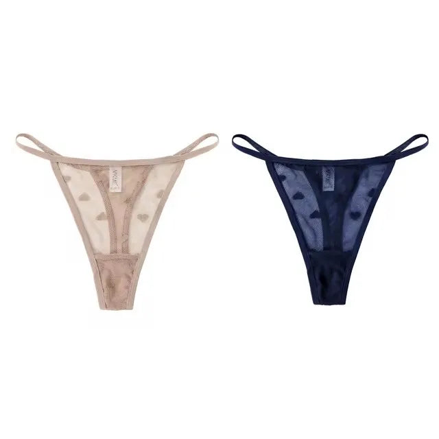 2Pcs Heart See Through Mesh G-String T-Pants Underpants Sexy Lace Sheer Underwear Women's Low Waist  Lingerie Thong Panties