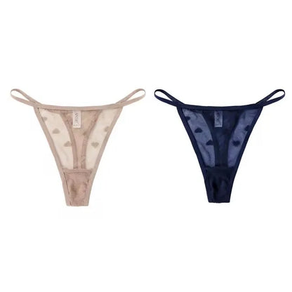 2Pcs Heart See Through Mesh G-String T-Pants Underpants Sexy Lace Sheer Underwear Women's Low Waist  Lingerie Thong Panties
