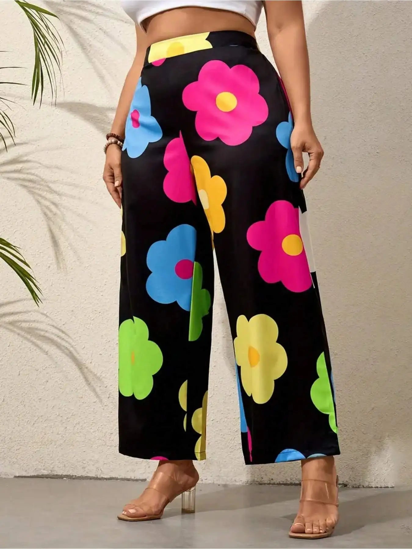 Plus Size Colorful Flower Print Wide Leg Pants, Vacation Style High Waist Pants For Spring & Summer, Women's Plus Size Clothing