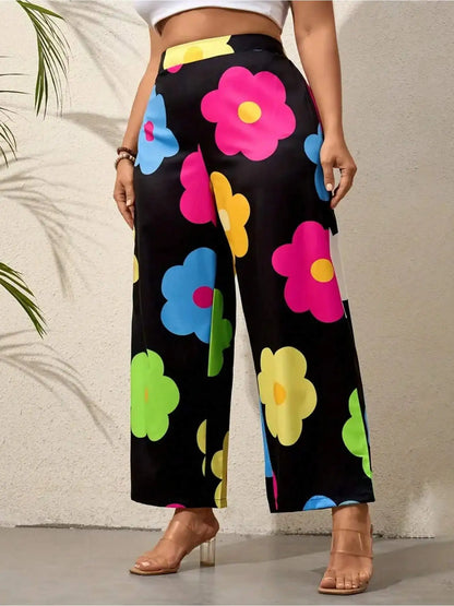 Plus Size Colorful Flower Print Wide Leg Pants, Vacation Style High Waist Pants For Spring & Summer, Women's Plus Size Clothing