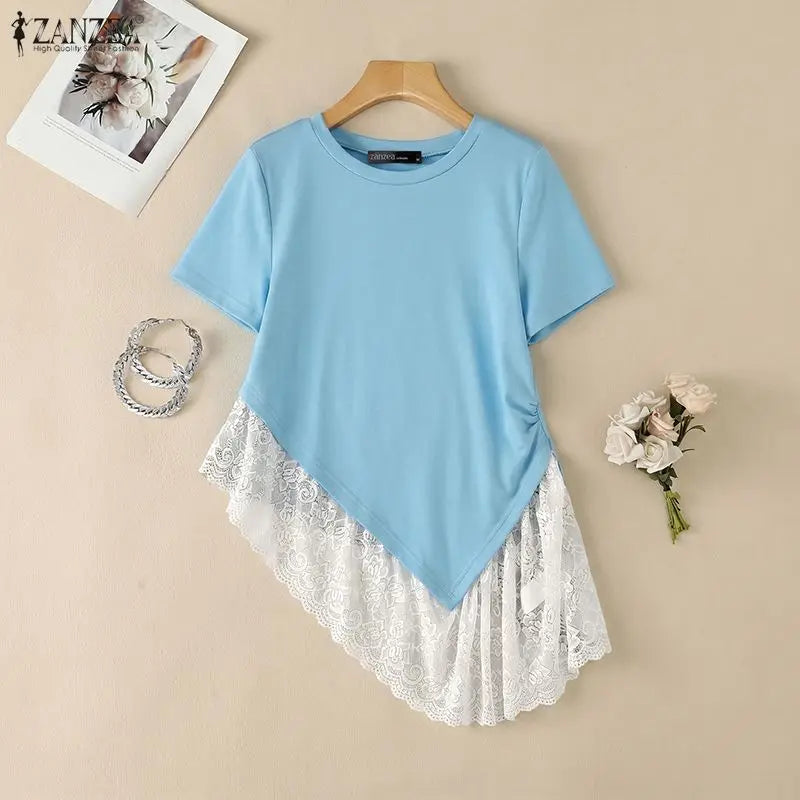 ZANZEA Woman Casual Chic Short Sleeve T-Shirts O-Neck Lace Patchwork Asymmetrical Hem Tops 2026 Summer Fashion Streetwear Tees
