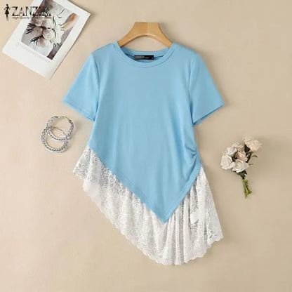 ZANZEA Woman Casual Chic Short Sleeve T-Shirts O-Neck Lace Patchwork Asymmetrical Hem Tops 2026 Summer Fashion Streetwear Tees