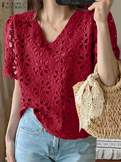 ZANZEA Summer Embroidered Eyelet Blouses for Woman Casual V-Neck Short Sleeve Hollow Out Lace Solid Blusas Mujer Daily Vacation