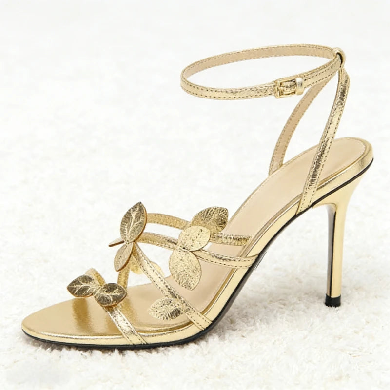 Luxury Gold Leaf Decoration Heeled Sandals Women Sexy Open Toe Ankle Strap Thin High Heels Elegant Banquet Dress Designer Shoes