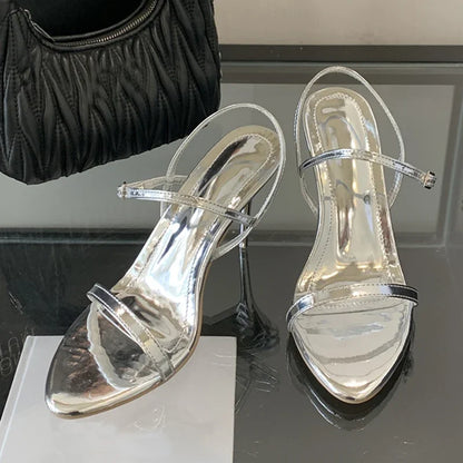 Gold Ankle Strap Gladiator Heeled Sandals Women Summer Sexy Open Toe Thin High Heels Elegant Banquet Wedding Shoes Sandalias