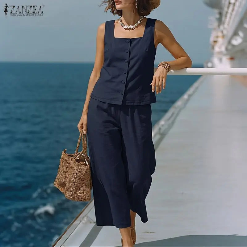ZANZEA Women's Casual Pant Suits Wide Leg Cropped Pant & Sleeveless Tops 2 Pieces Sets SummerDaily Commute Solid Color Outfits
