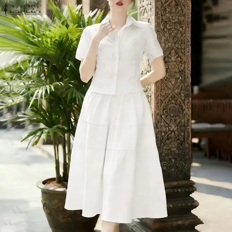 ZANZEA Elegant Short Sleeve Hollow Out Shirt Dress Sets Women 2 Piece Sets Summer Outfits 2026 Stylish Solid OL Work Skirt Suit
