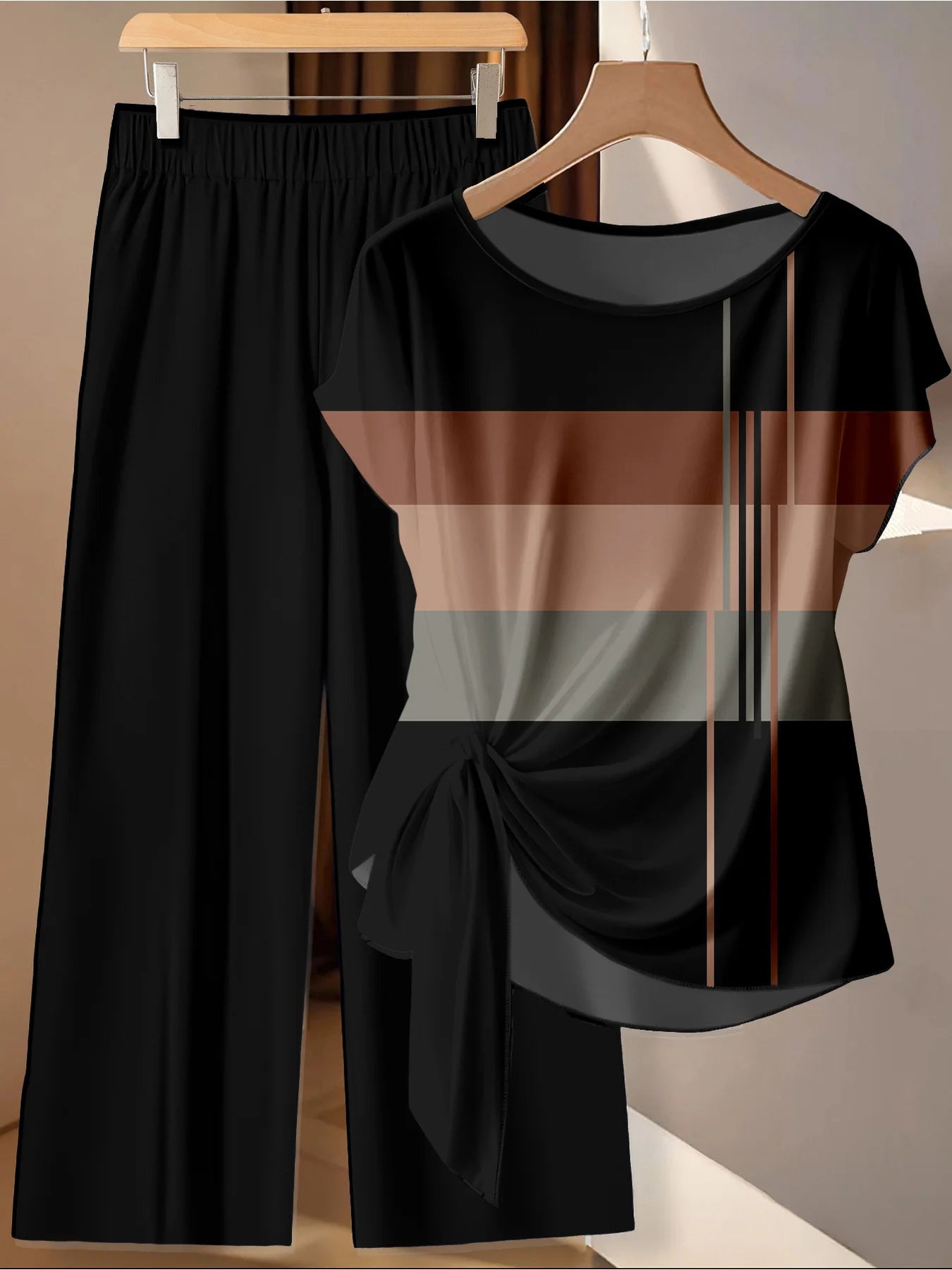 Summer casual women's plus size commuting color set, coffee striped twisted top+hanging black pants two-piece set