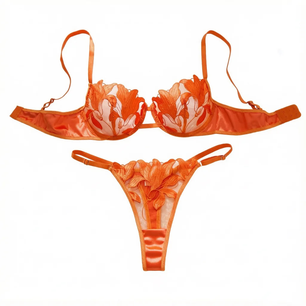 Orange Floral Embroidery Lingerie Set Satin Mesh Underwire Bra Thong Women Intimate Underwear Honeymoon Boudoir ZA824031