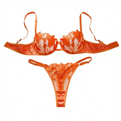 Orange Floral Embroidery Lingerie Set Satin Mesh Underwire Bra Thong Women Intimate Underwear Honeymoon Boudoir ZA824031
