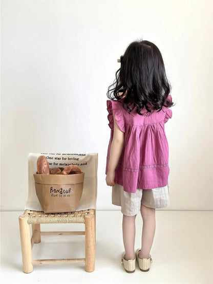 Girls Korean Fashion Summer Blouse Puff Flutter Sleeve Babydoll Shirt Elegant Casual Top Kids Cute Stylish Clothes for Toddler