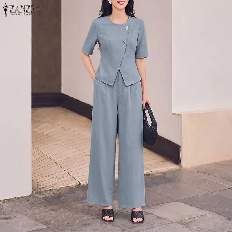 ZANZEA Women's Casual Pant Sets Wide Leg Pant & Short Sleeve Asymmetric Placket Tops 2 Pieces Sets Commute Pant Suits Outfits