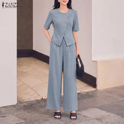 ZANZEA Women's Casual Pant Sets Wide Leg Pant & Short Sleeve Asymmetric Placket Tops 2 Pieces Sets Commute Pant Suits Outfits