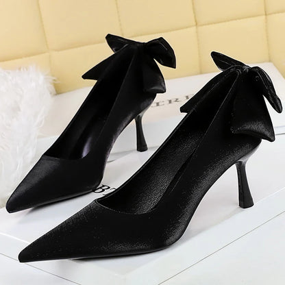 BIGTREE Shoes Pointed Women Pumps Bowknot Satin Kitten Heels Ladies Shoes Stiletto 6.5 CM Comfort Luxury Banquet Shoes Women