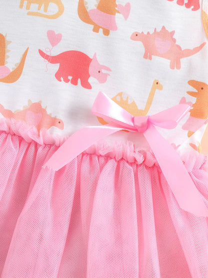 Summer Toddler Girls Dress Cute Cartoon Dinosaur Print Sleeveless Tank Dresses with Bow Mesh Tulle Tutu Skirts Kids Outfits 1-6Y