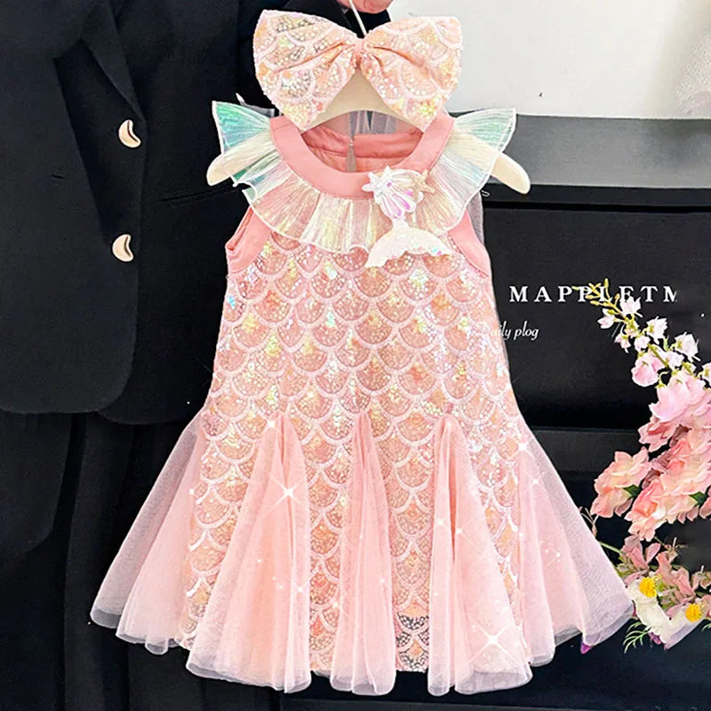 Sequins Mesh Dress For Girls Kids Summer Dress Children Fishtail Gauze Skirt For Party Night Graduation Ceremony Birthday Prom