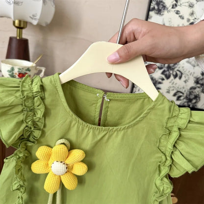 Summer Girls Fashion Sleeveless Cute Flower Decoration Sweet Ruffled Princess Dress 1 Pc 2-7 Years Kids Daily Casual Clothes