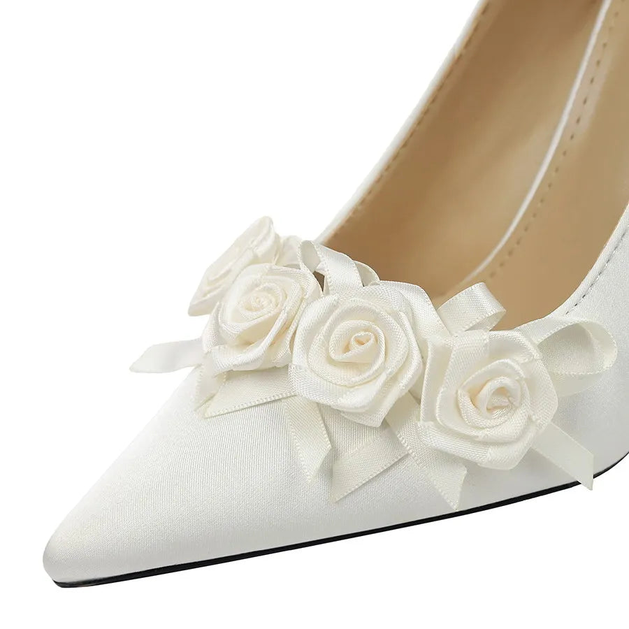 BIGTREE Shoes Lace Flower Women Pumps Silks Satins High Heels Stilettos 10 CM Fashion Wedding Shoes Female Pumps Party Shoes
