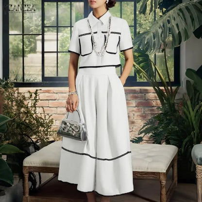Fashion Summer 2 Pieces Sets ZANZEA Short Sleeve Shirt A Line Skirt Suit Women OL Work Dress Sets 2026 Stylish Patchwork Outfits