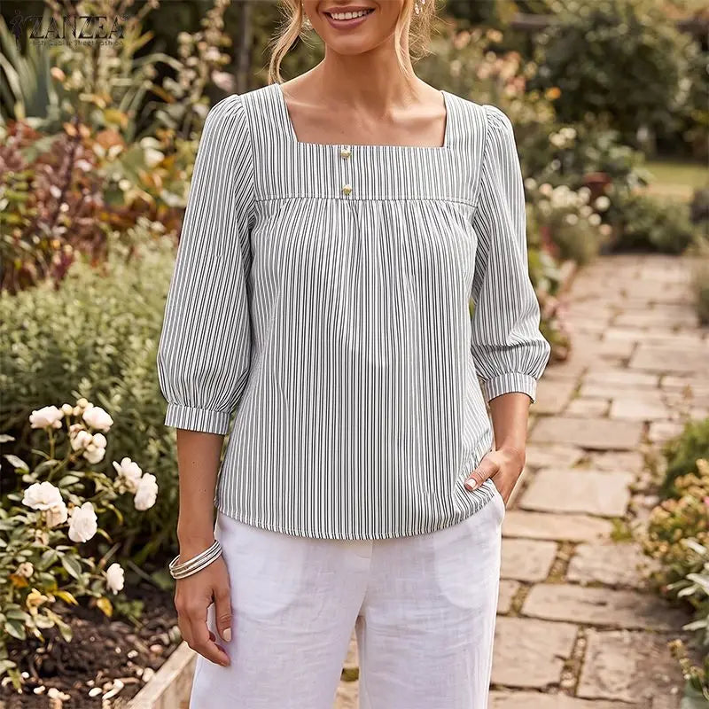 ZANZEA Women Striped Blouse Square Neck 3/4 Puff Sleeve Button Casual OL Work Party Tops Summer Autumn Blusas Oversize Tunic