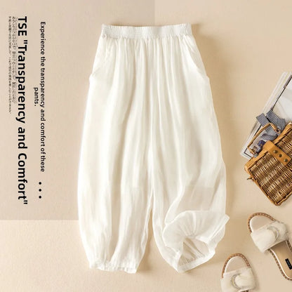 Summer Casual Cotton Linen Double Layer Lantern Pants Loose Elastic Waist Pure Color Wide Leg Harem Trousers for plus Size Women