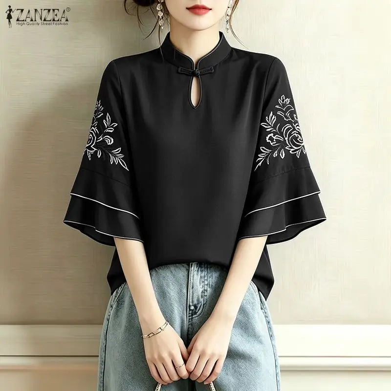ZANZEA Women Floral Embroidered 3/4 Flared Sleeve Blouses Vintage Mandarin Collar Keyhole Neckline Tops Elegant Blusas de Mujer