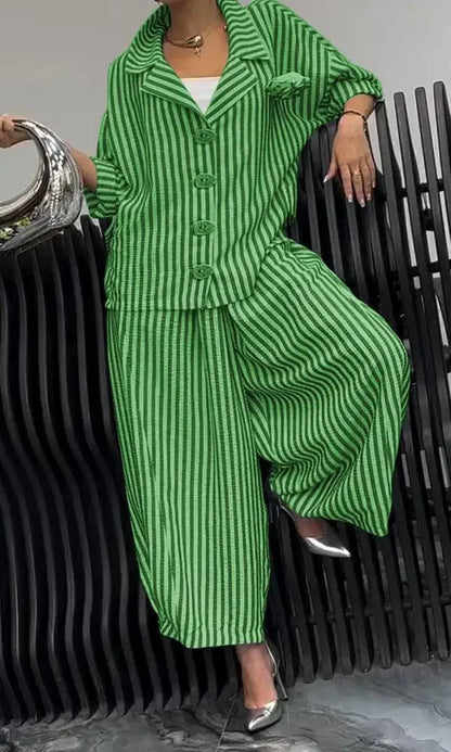 New Women Casual Tracksuits Set Long Sleeve Fashion Striped Blouse and Wide Leg Pants Suit Large Big 5xl Female Two Piece Sets