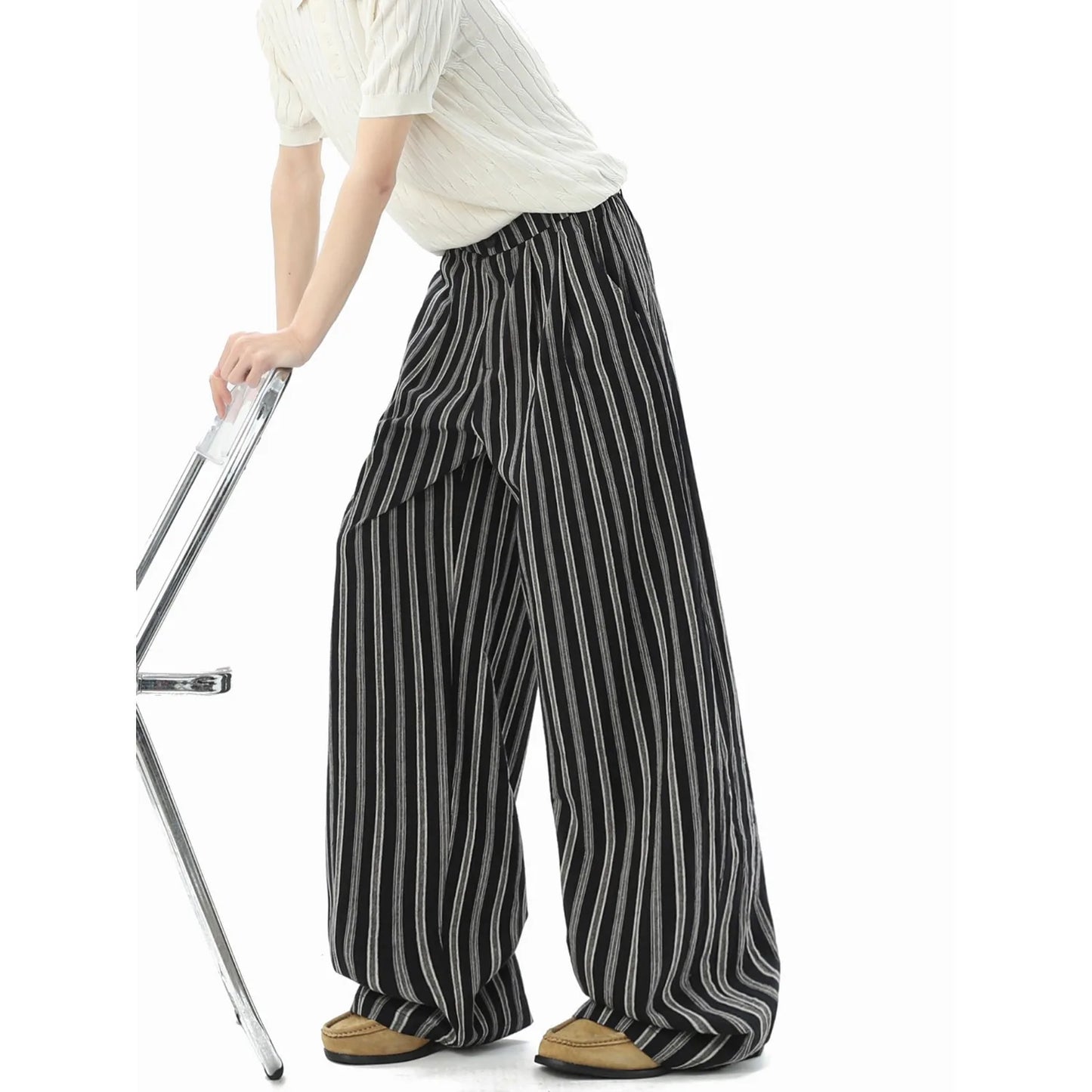 American Retro Striped Cotton Linen Wide Leg Casual Pants Men Summer New Color Collision Loose Match Slimming Floor-Length Pants