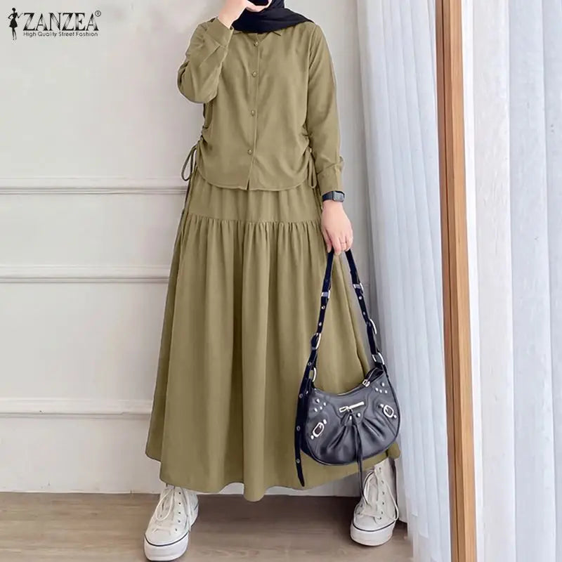 2026 ZANZEA Fashion Women Long Sleeve Shirt Dress Sets Muslim Matching Set Ramadan Outfit Hijab Tracksuit Solid Work Skirt Suit
