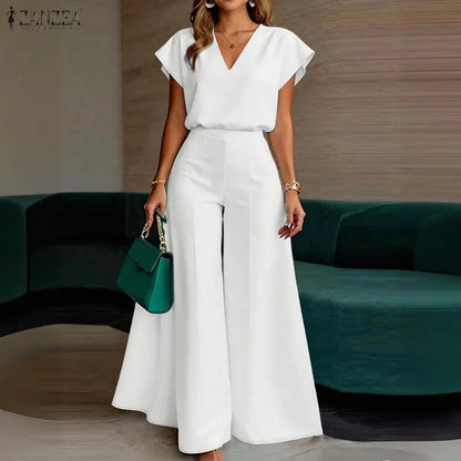 ZANZEA 2PCS Elegant V Neck Short Sleeve Blouse Pant Sets Summer Women Matching Sets Solid Color OL Outfit Wide Leg Trousers Suit