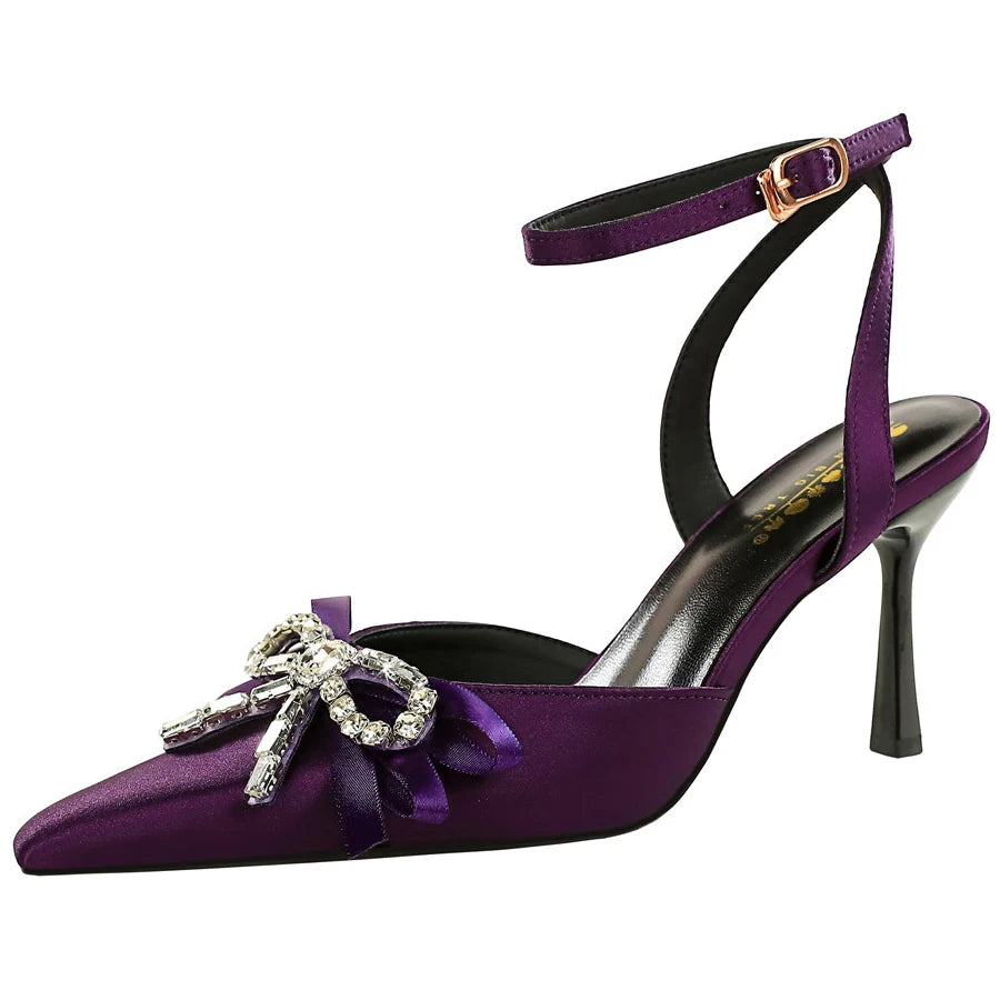 BIGTREE Shoes High-Heeled Sandals Women Shoes Summer Rhinestone Bowknot Women Pumps Silk Pointed Stiletto Heels 8 cm Sandals