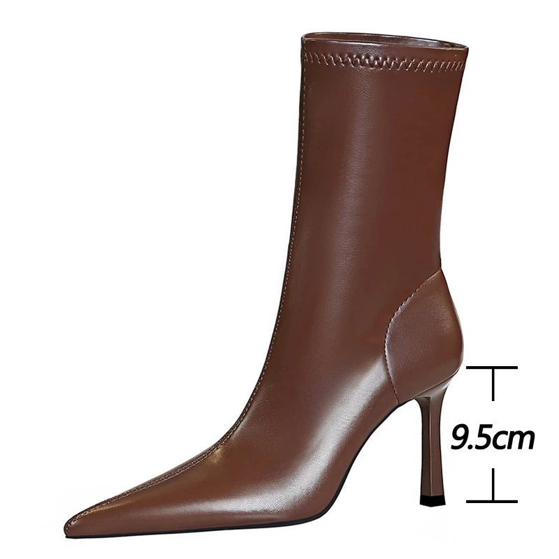 BIGTREE Shoes Ladies' Leather Boots Pointed End Women Ankle Boots Stiletto Heels Ladies Shoes Autumn Winter Shoes Short Boots