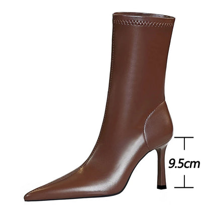 BIGTREE Shoes Ladies' Leather Boots Pointed End Women Ankle Boots Stiletto Heels Ladies Shoes Autumn Winter Shoes Short Boots