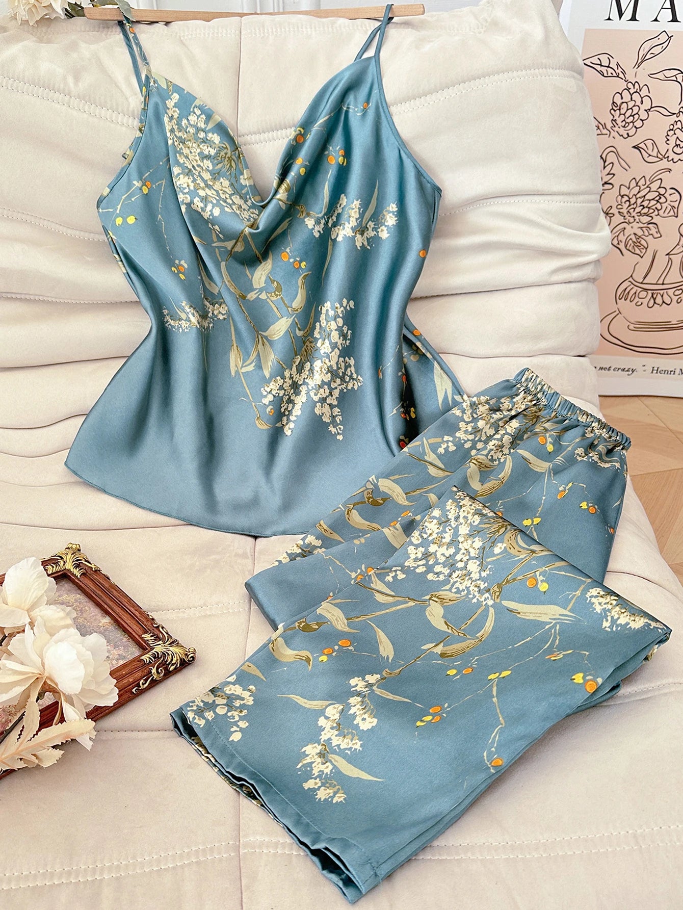 Women Cherry Print Satin Pajama Set Cowl Neck Spaghetti Strap Cami Top Long Pants 2 Piece Elegant Sleepwear Ladies Loungewear