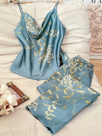 Women Cherry Print Satin Pajama Set Cowl Neck Spaghetti Strap Cami Top Long Pants 2 Piece Elegant Sleepwear Ladies Loungewear